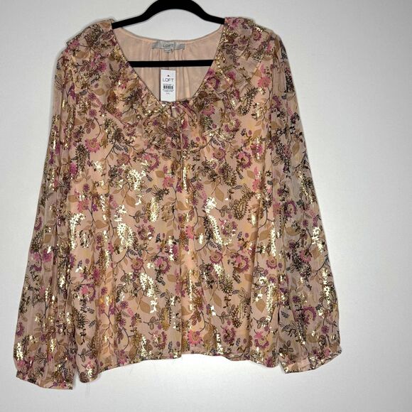 New LOFT Shimmer Floral Ruffle Tie Neck Blouse Women's Size XXL - Picture 1 of 7
